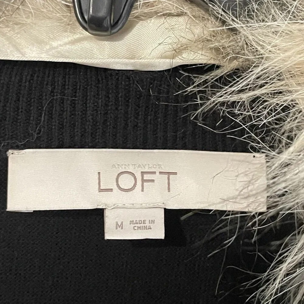 LOFT Faux Fur Collar Wool Blend Black Cardigan Size M Pockets Lightweight Button